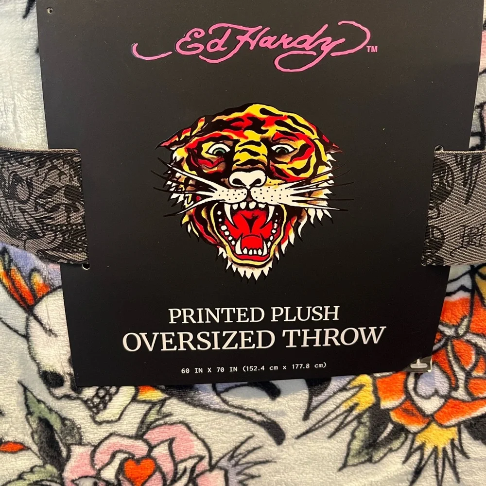 Ed Hardy Butterfly Roses Skull Floral Plush Throw Blanket- Pink, Orange, Blue
